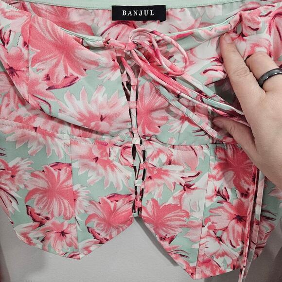 Floral Pink Puff Long Flare Sleeve Self Tie Front Crop Corset Top. Size Large - Picture 10 of 10